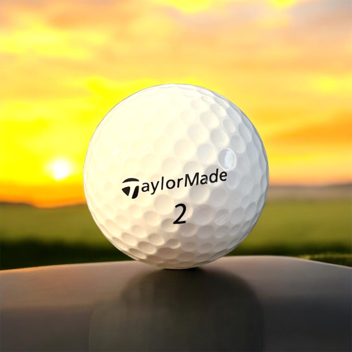 Återvunnen golfboll i vit färg av modellen Taylormade Lethal fotad framifrån