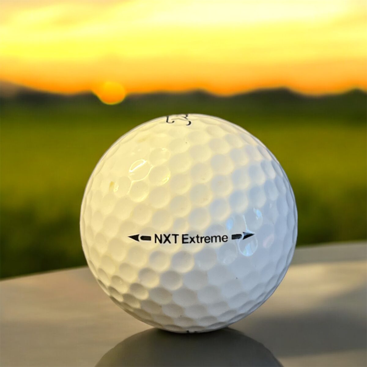 Återvunnen golfboll i vit färg av modellen titleist NXT Extreme fotad bakifrån
