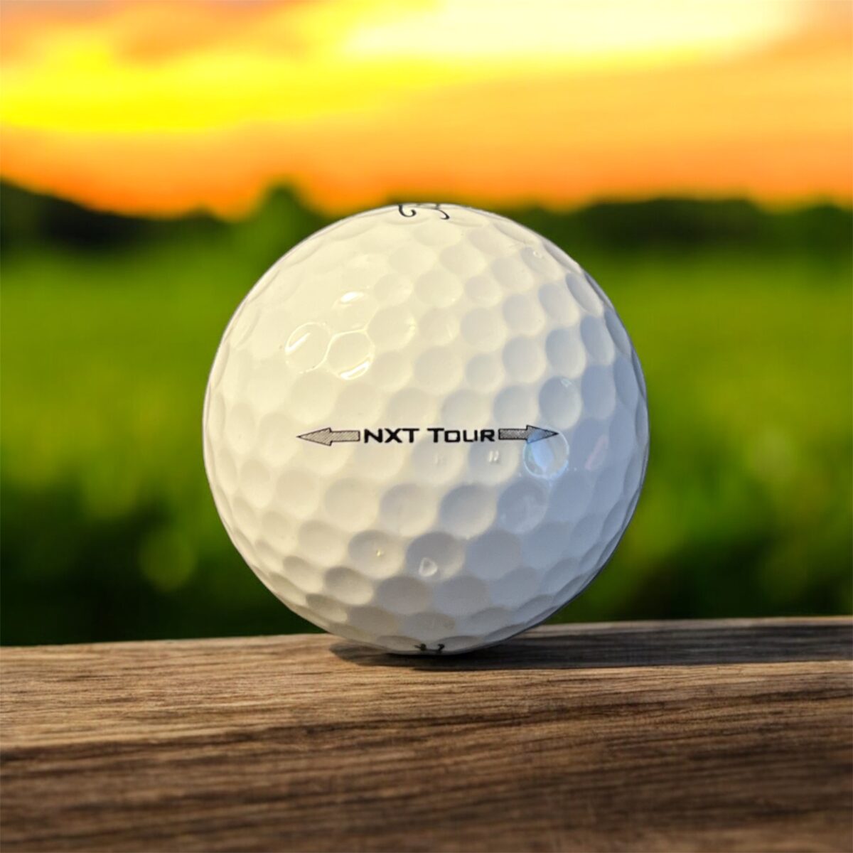 Återvunnen golfboll i vit färg av modellen titleist NXT Tour fotad bakifrån
