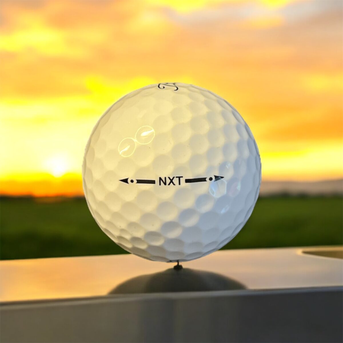 Återvunnen golfboll i vit färg av modellen titleist nxt fotad bakifrån