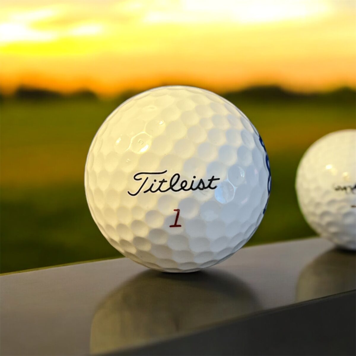 Återvunnen golfboll i vit färg av modellen titleist NXT framsida fotad framifrån