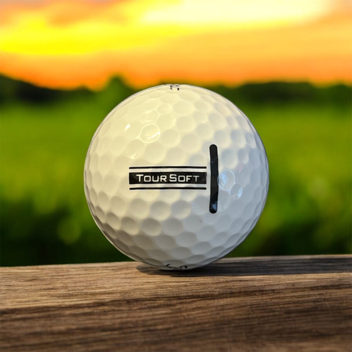 Återvunnen golfboll i vit färg av modellen titleist tour soft fotad bakifrån