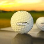 Återvunnen golfboll i vit färg av modellen titleist Tour Speed fotad bakifrån