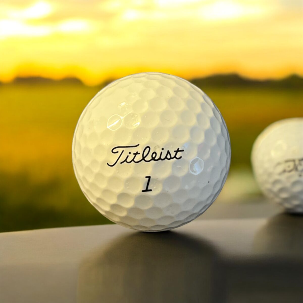 Återvunnen golfboll i vit färg av modellen titleist Tour Speed fotad framifrån