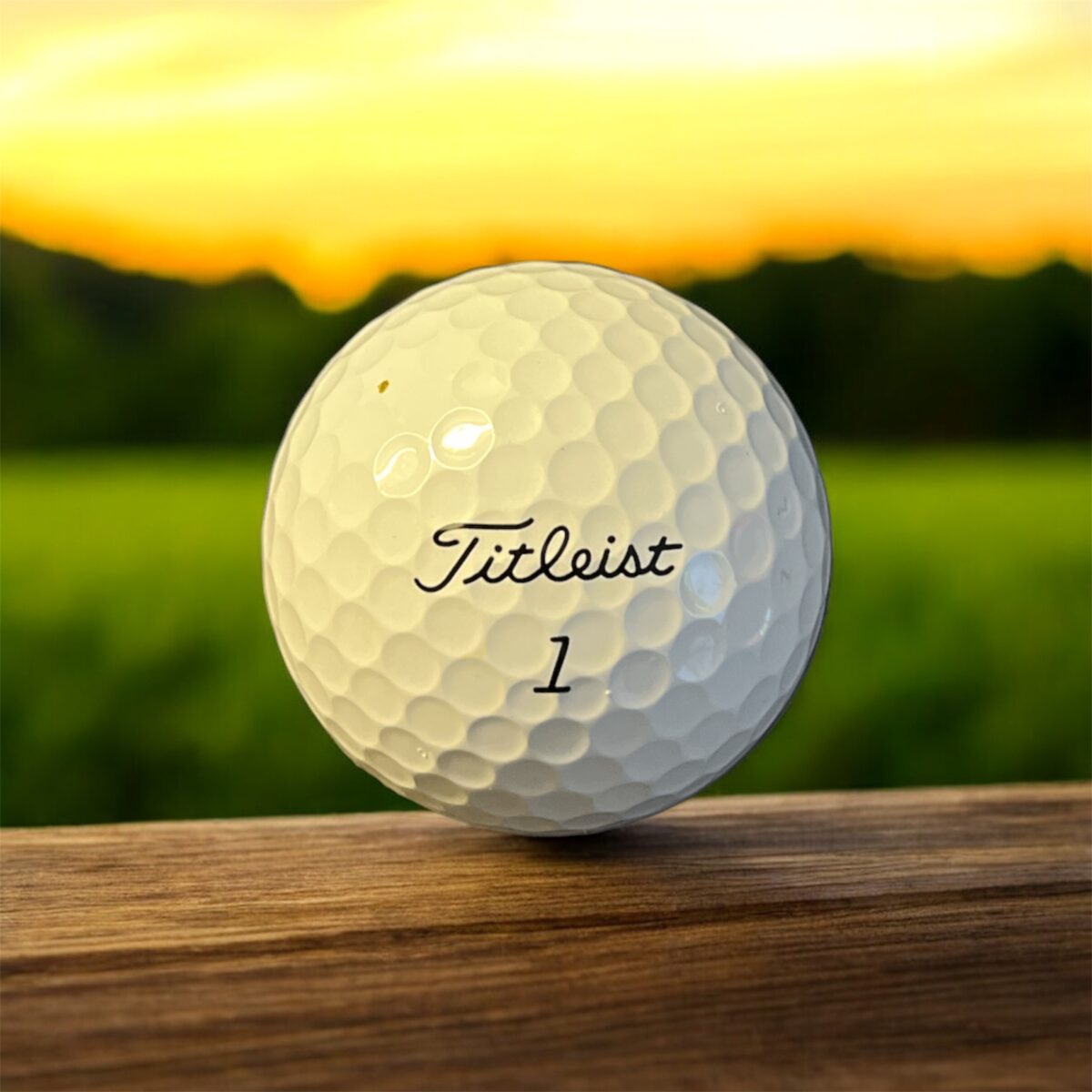 Återvunnen golfboll i vit färg av modellen titleist AVX fotad framifrån