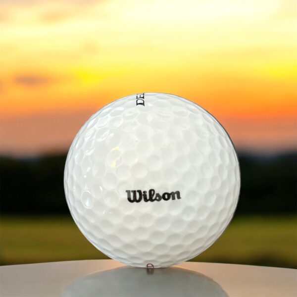 Återvunnen golfboll i vit färg av modellen Wilson deepred fotad bakifrån
