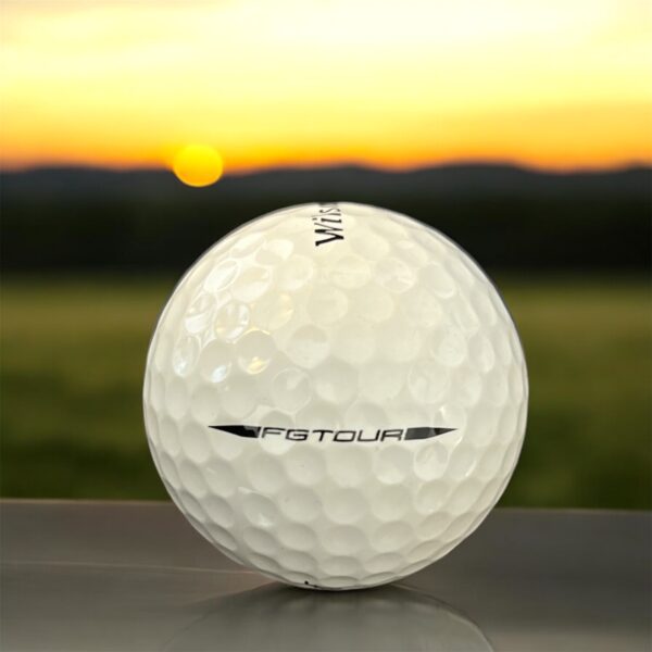 Återvunnen golfboll i vit färg av modellen Wilson FG Tour fotad bakifrån