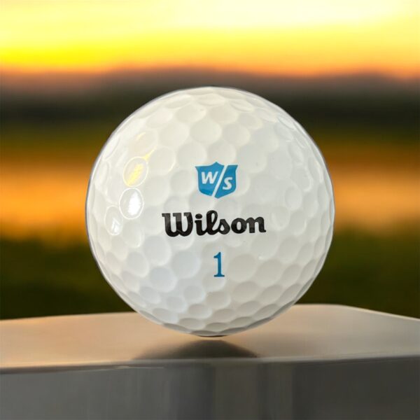 Återvunnen golfboll i vit färg av modellen Wilson duosoft fotad framifrån med blå logotyp