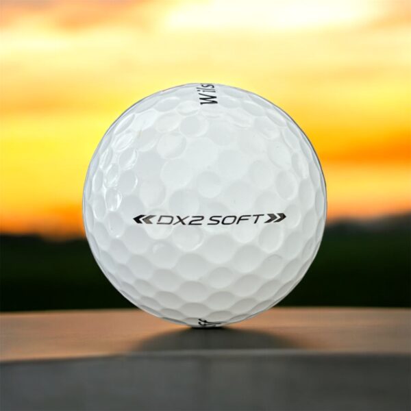 Återvunnen golfboll i vit färg av modellen Wilson DX2 soft fotad bakifrån